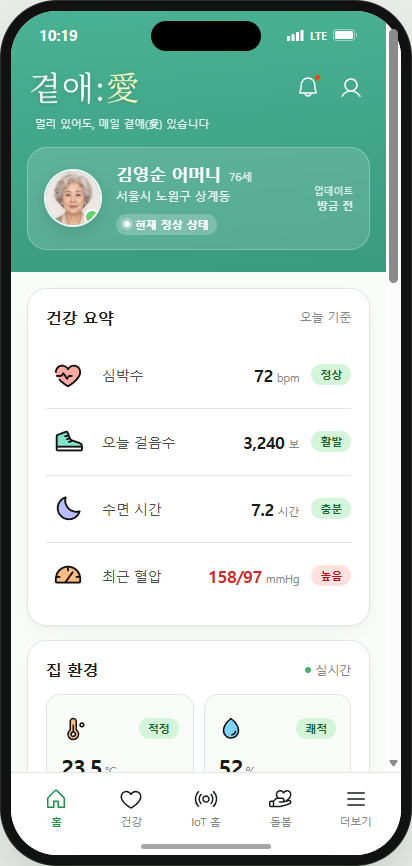 곁애 자녀 어플리케이션 홈 화면. 어머니의 현재 상태와 심박수, 걸음수, 수면 시간, 혈압, 집 환경이 한 화면에 정리되어 있습니다.